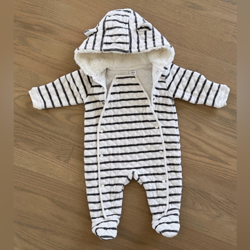 Nordstrom White and Black Striped Quilted Hooded Puffer One-Piece